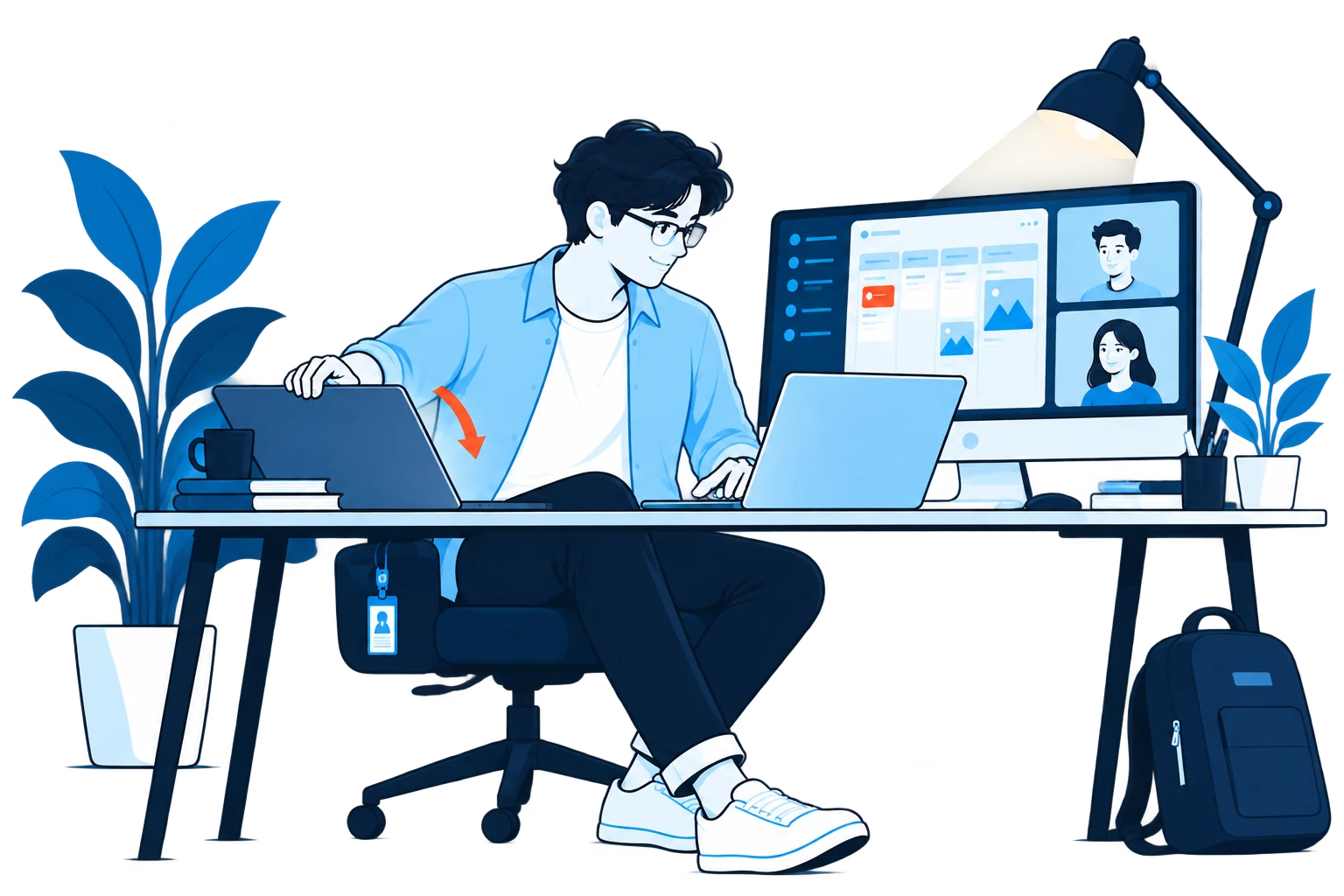A professional closing a work laptop at 6 pm and opening a personal project on the same desk