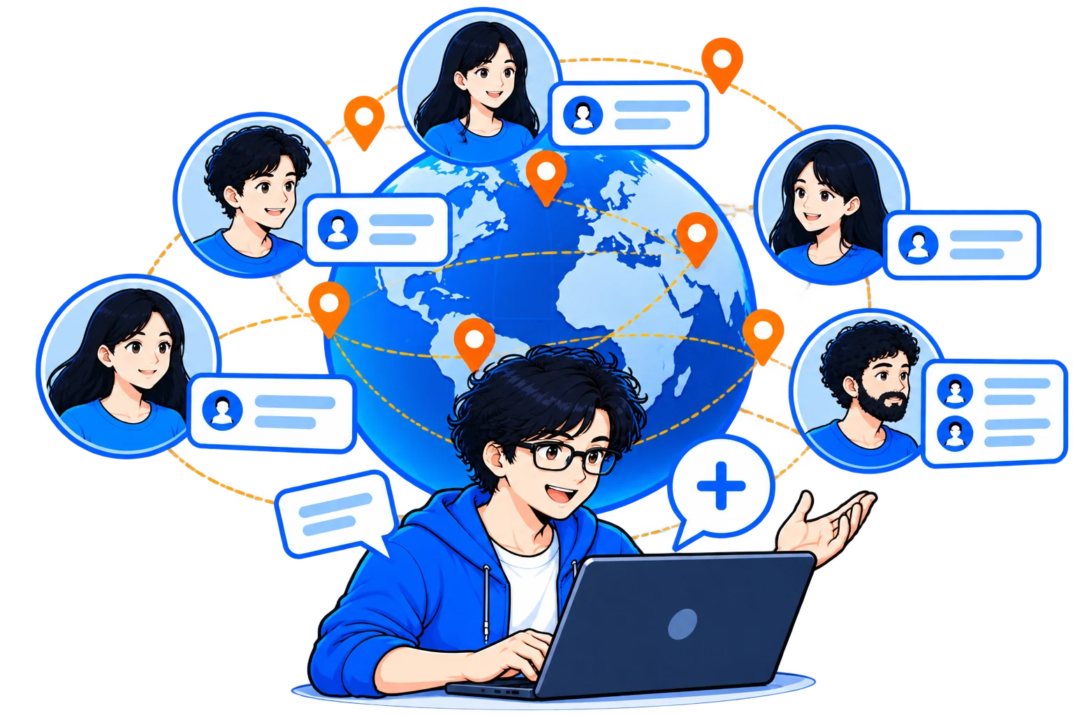People across regions connected on a restrained network map