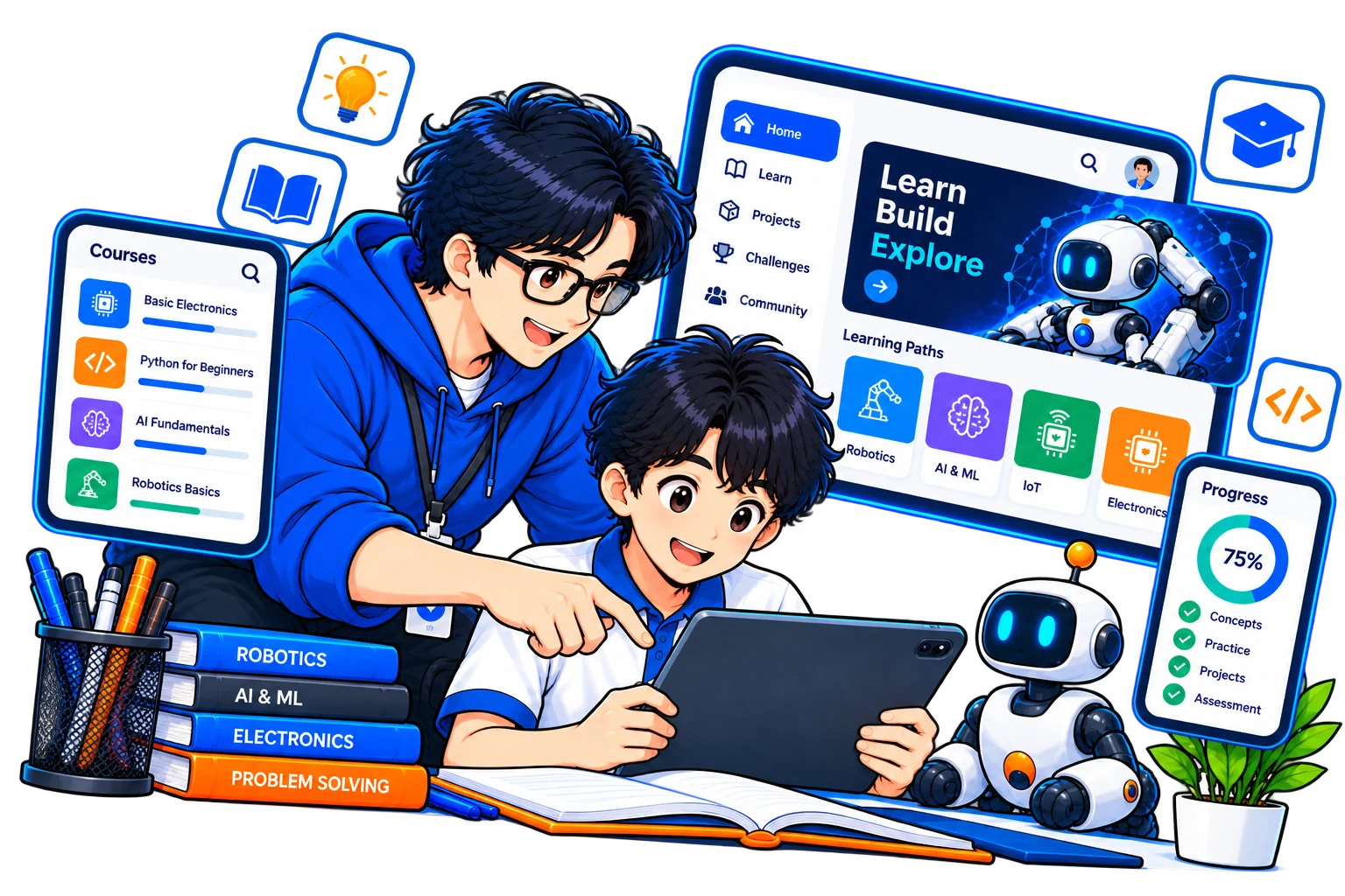 A modern learning product workspace with designers and a student test session