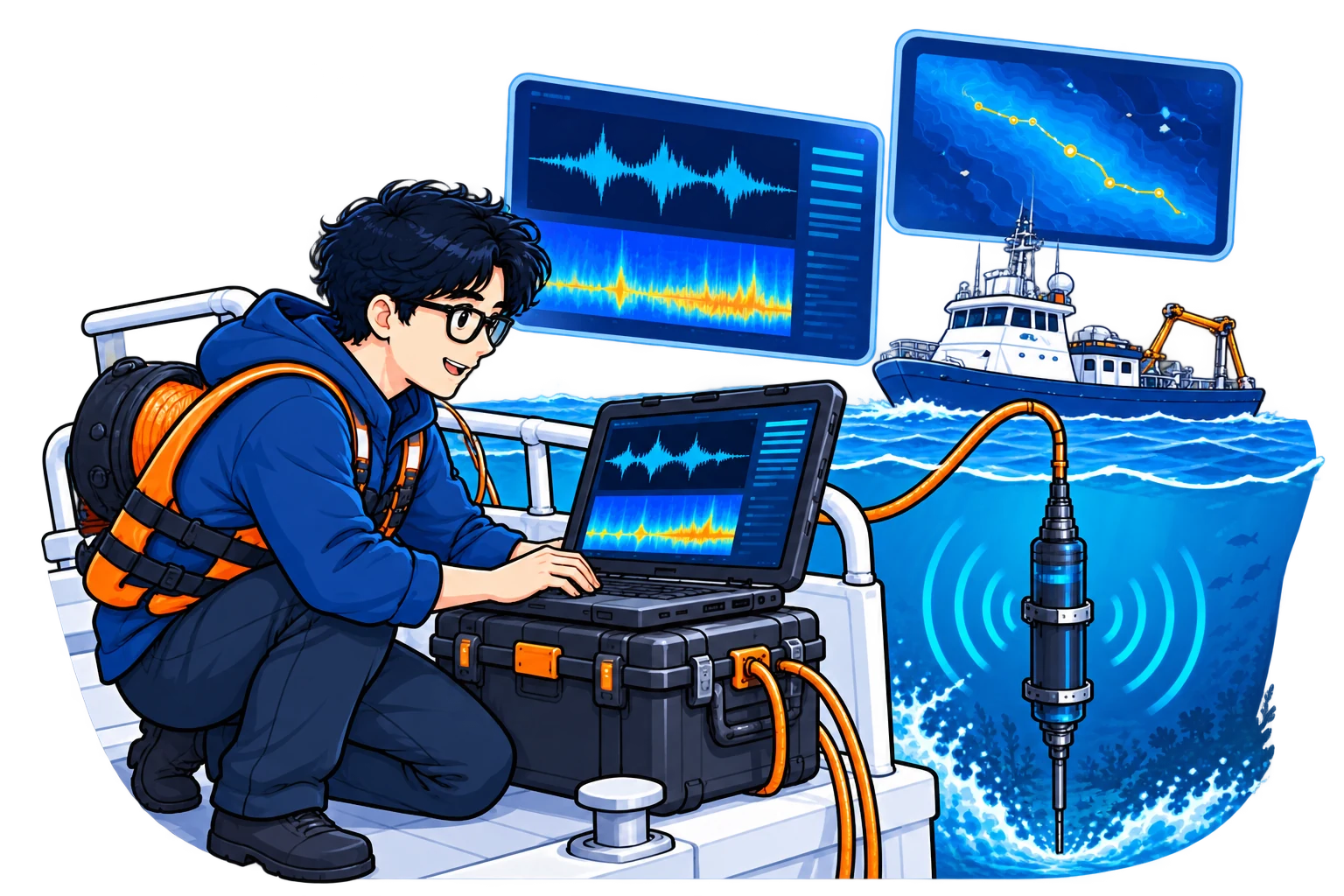 Underwater acoustic research equipment being prepared on a boat deck