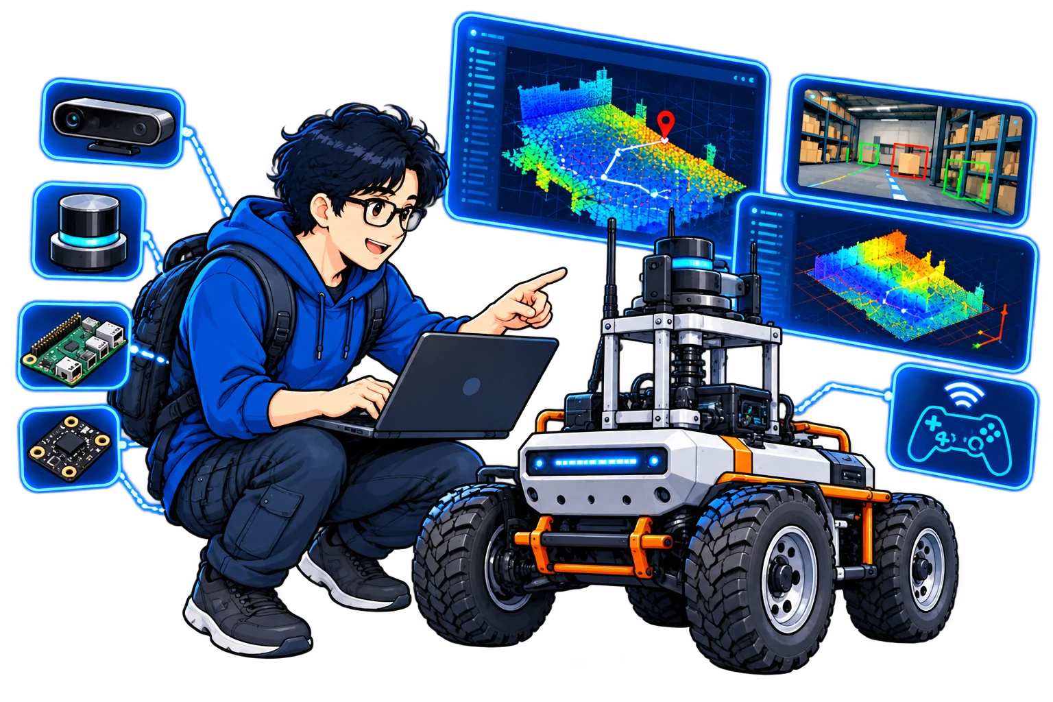 An autonomous field robot in a test environment with two engineers